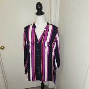 NY Collection Striped Button-Up Blouse With Mandarin Collar High Low Sz 2X